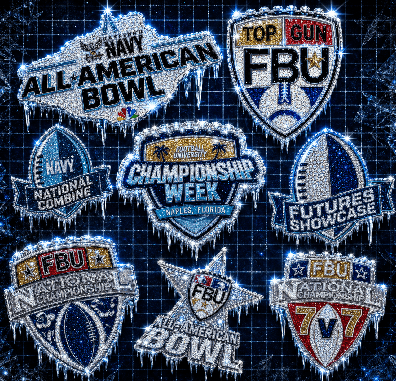 FBU championship badge collage — All-American Bowl, Top Gun, National Combine, Championship Week, Futures Showcase, National Championship and 7v7