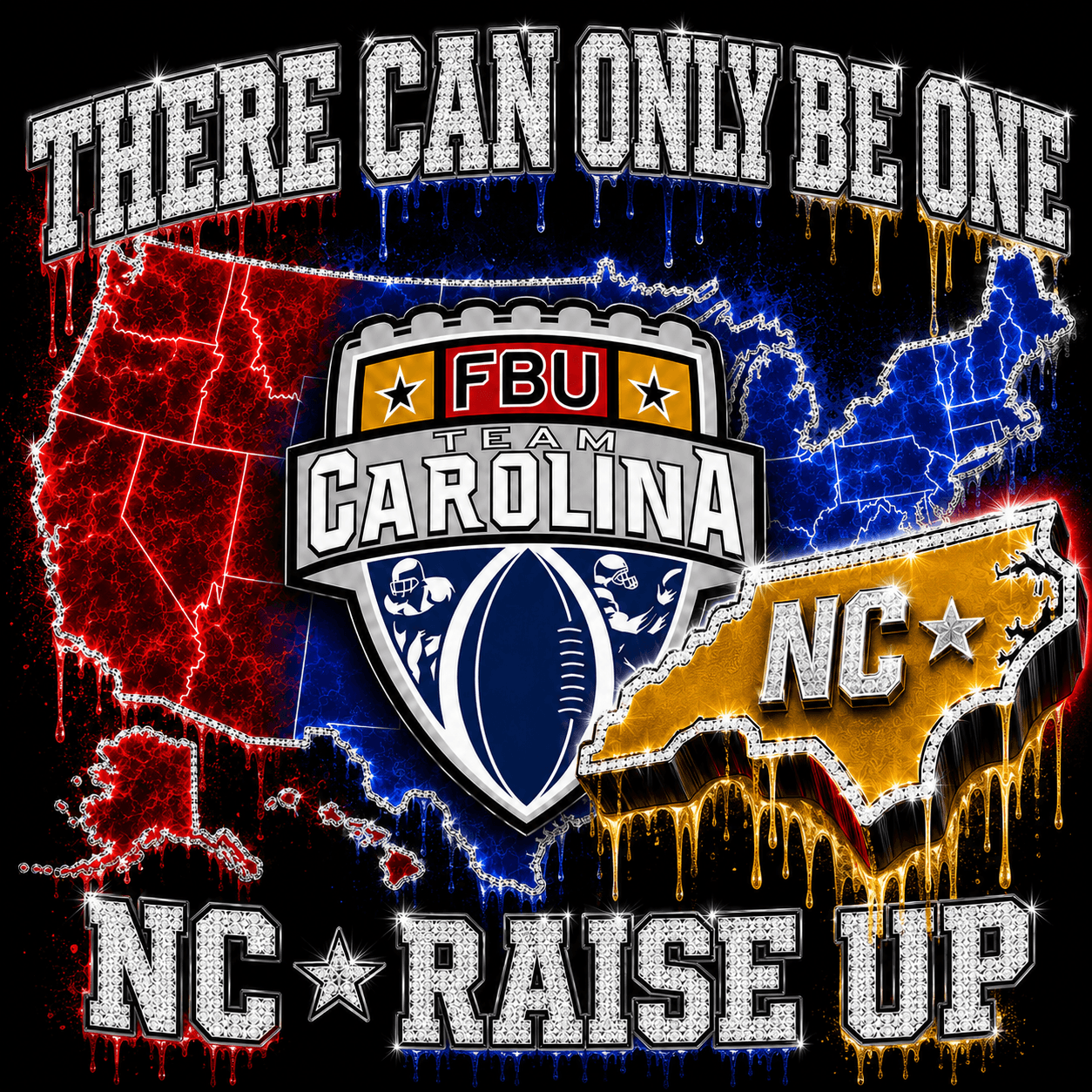 FBU Team Carolina graphic — There Can Only Be One, NC Raise Up, over a map of the United States with North Carolina highlighted