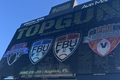 Top Gun videoboard at Naples showing the FBU event shields against a clear sky