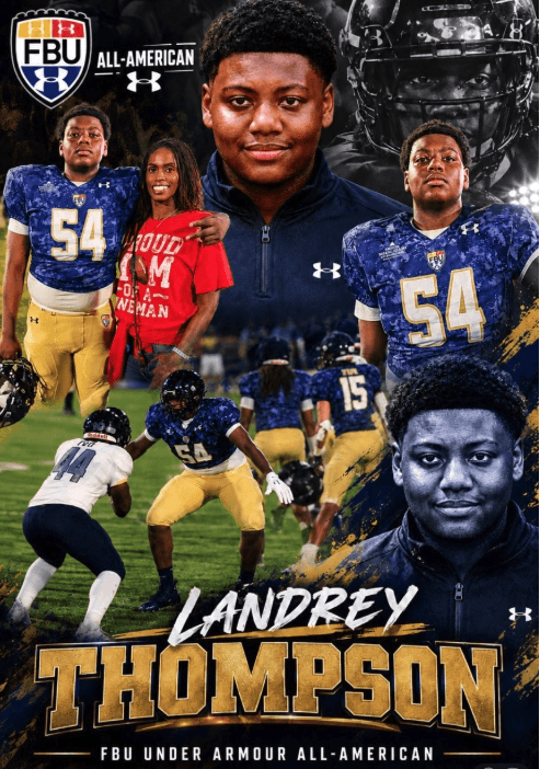 Landrey Thompson, FBU Under Armour All-American — collage poster of Landrey in his number 54 jersey, on the field and with his mother