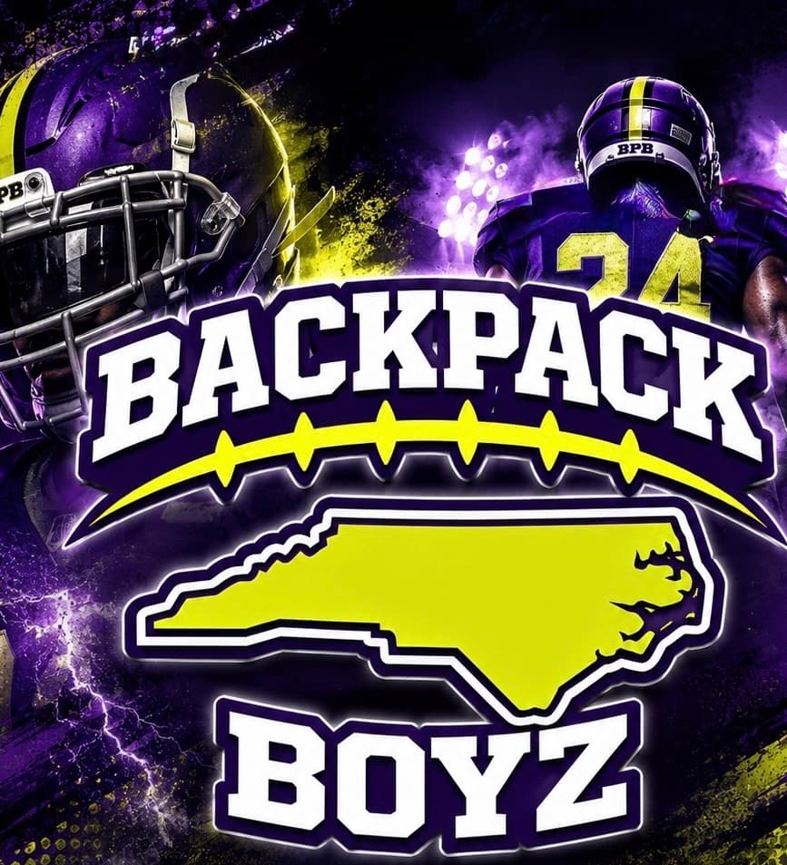 Backpack Boyz program poster — purple and gold helmets over the North Carolina state mark