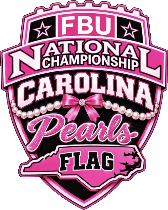 FBU National Championship Carolina Pearls Flag crest — pink shield with a bow and pearls over the North Carolina state mark